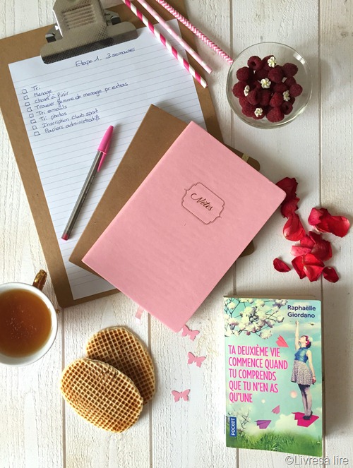 Livre de Raphaëlle Giordano, "Ta deuxième vie commence quand tu comprends que tu n'en as qu'une" posé sur une table avec une liste d'objectifs à cocher