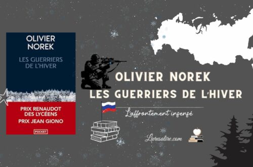 Illustration montrant le livre "Les guerriers de l'hiver" de Olivier Norek sur fond gris foncé avec un tireur d'élite