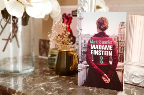 Livre "Madame Einstein" de Marie Benedict posé sur le marbre de la cheminée