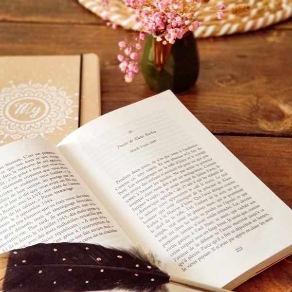 enfant de salaud - sorj chalandon le livre "enfant de salaud" de Sorj Chalandon posé ouvert sur une table avec des petites fleurs roses dans un pot,en arrière plan