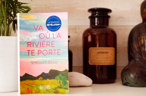 Photo du livre "Va où la rivière te porte" de Shelley Read avec une plante en arrière plan, un flacon d'herboristerie et un bouddha