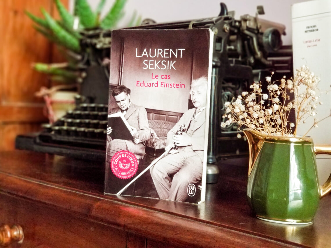 Photo présentant le livre de Laurent Seksik "Le cas Eduard Einstein" posé devant une vieille machine à écrire