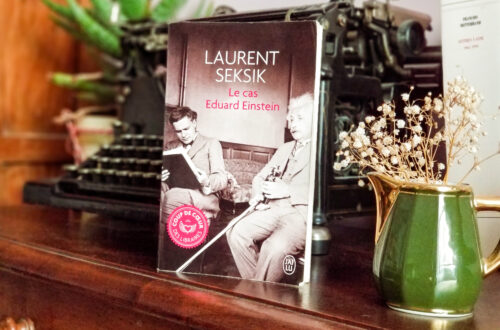 Photo présentant le livre de Laurent Seksik "Le cas Eduard Einstein" posé devant une vieille machine à écrire